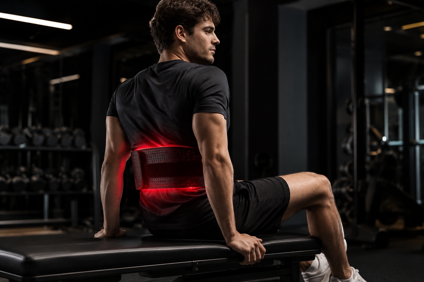 Athletic man using Recovr Red Light Therapy Belt in premium gym setting