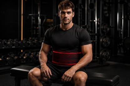 Athletic man facing camera with Recovr Red Light Therapy Belt in premium gym